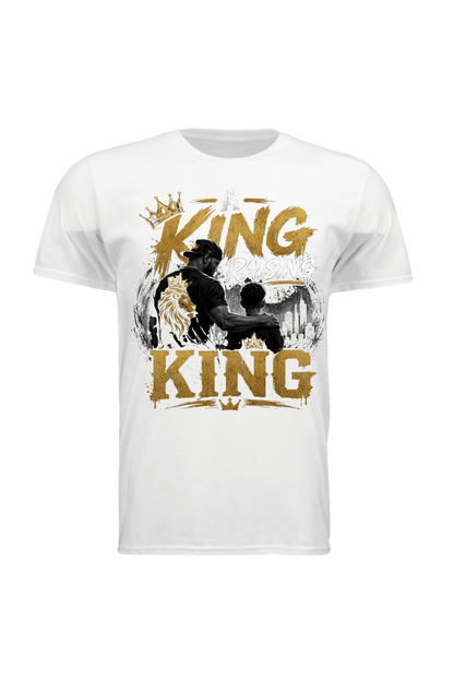 White t-shirt with graphic design of a silhouette and 'King' text on a white background