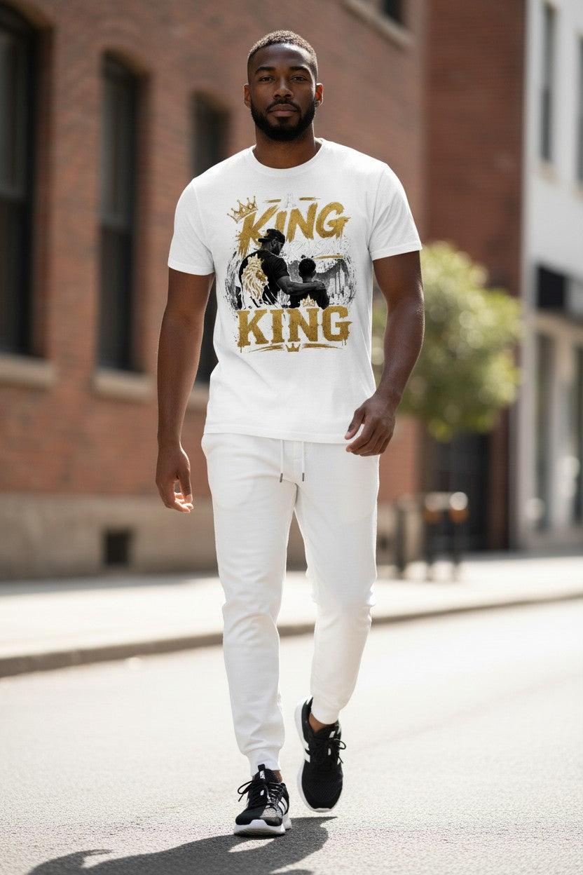 Man wearing a white t-shirt with 'King' graphic walking on a street.