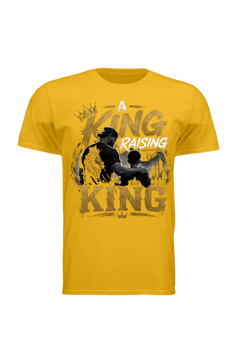 Yellow t-shirt with graphic design and text on a white background
