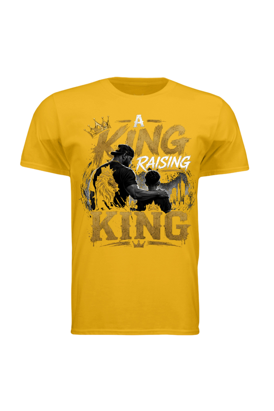 Yellow t-shirt with graphic design and text on a white background