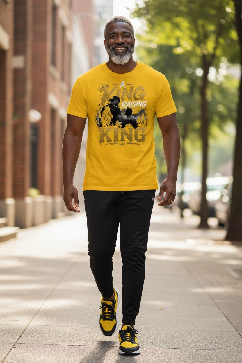 Man walking on a sidewalk wearing a yellow t-shirt with graphic design
