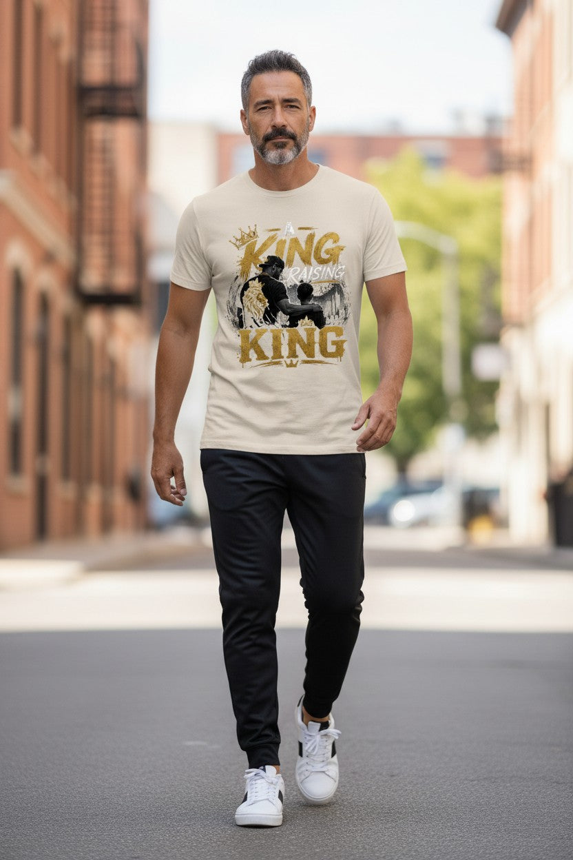 Man walking on a street wearing a t-shirt with graphic design and text.