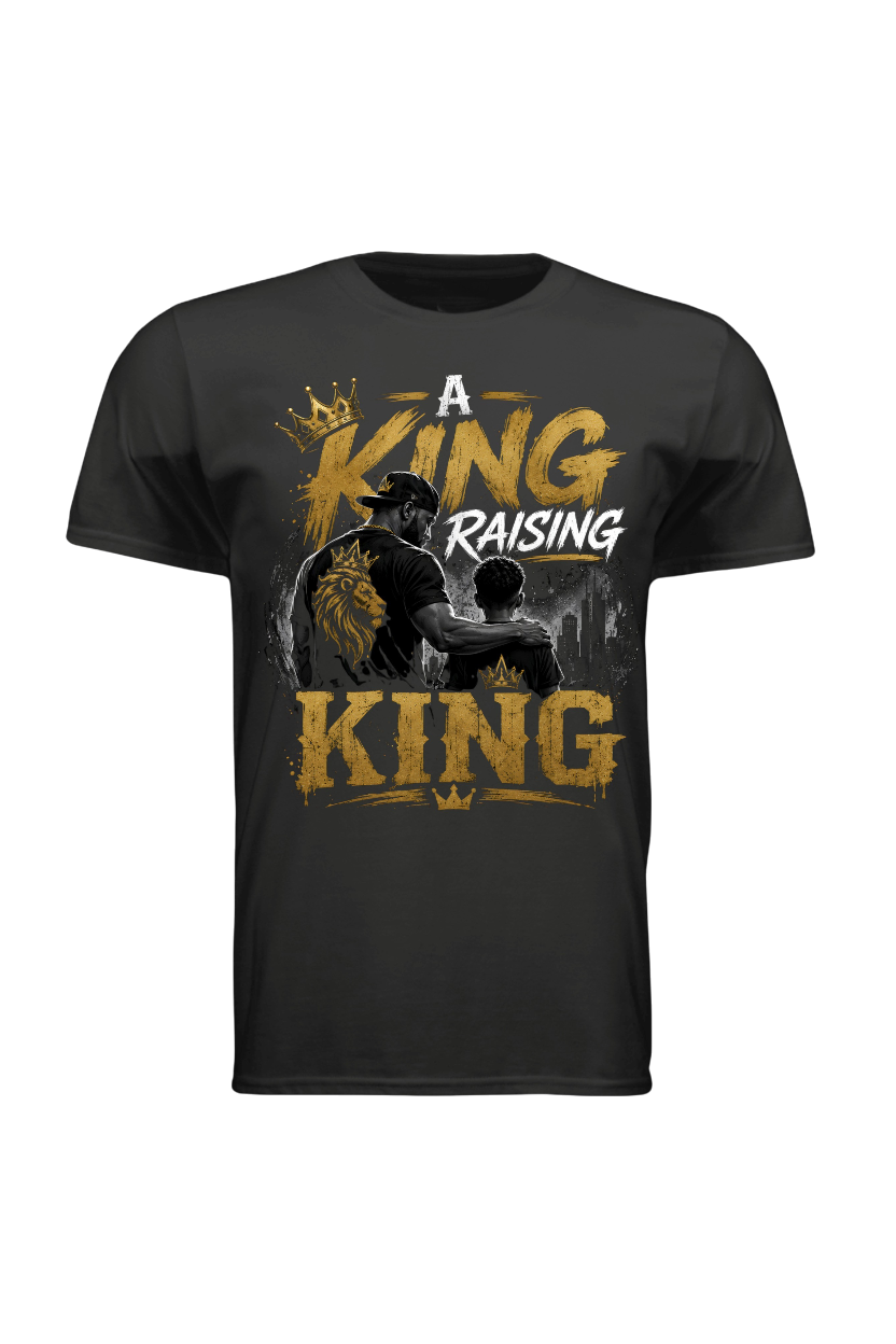 Black t-shirt with graphic design and text 'A King Raising a King' on a white background