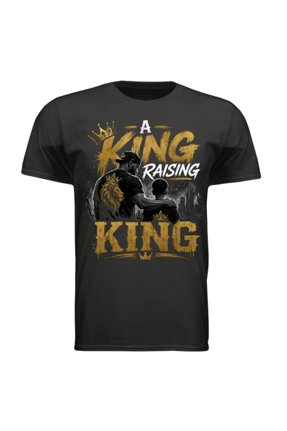 Black t-shirt with graphic design and text 'A King Raising a King' on a white background