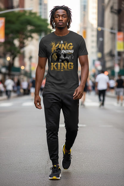 Man walking on a city street wearing a black t-shirt with 'King Raising King' text and graphics.