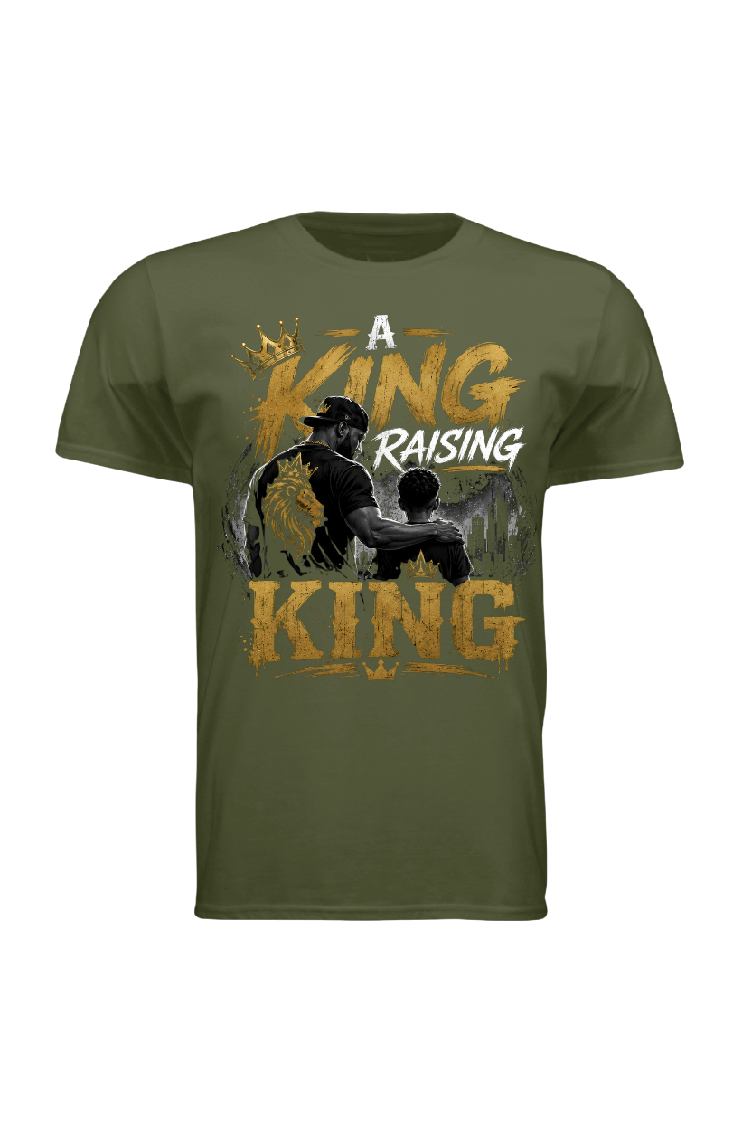 Green t-shirt with graphic design and text 'A King Raising King' on a white background