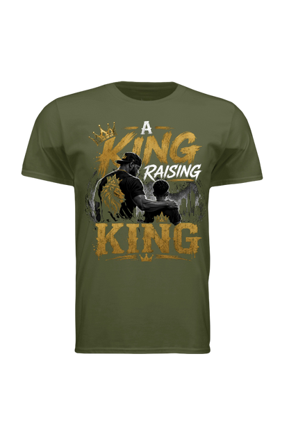 Green t-shirt with graphic design and text 'A King Raising King' on a white background