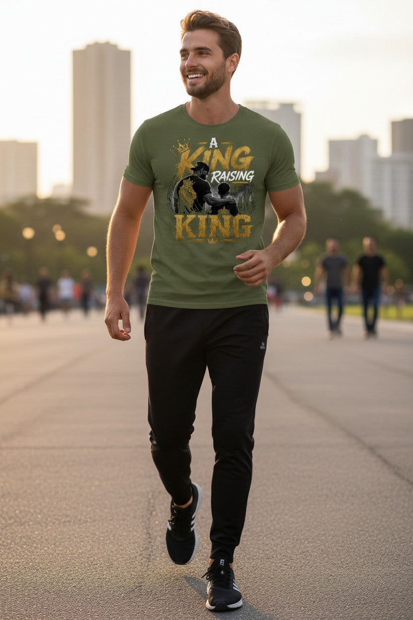 Man walking outdoors wearing a green t-shirt with a graphic design.
