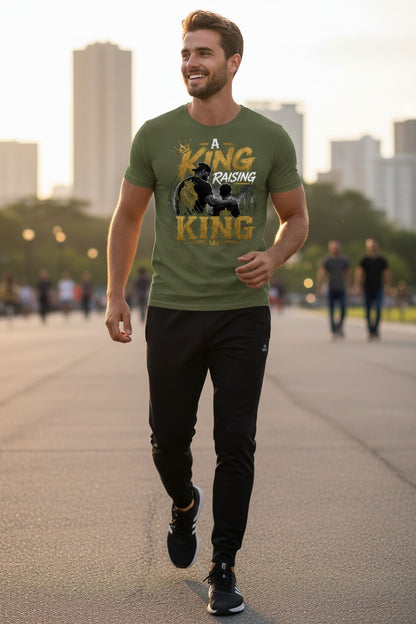Man walking outdoors wearing a green t-shirt with a graphic design.