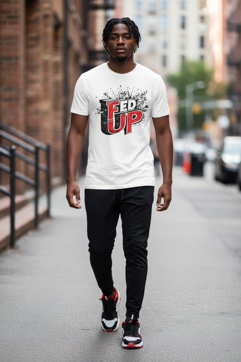 Man walking on a city street wearing a white t-shirt with 'FED UP' graphic design.