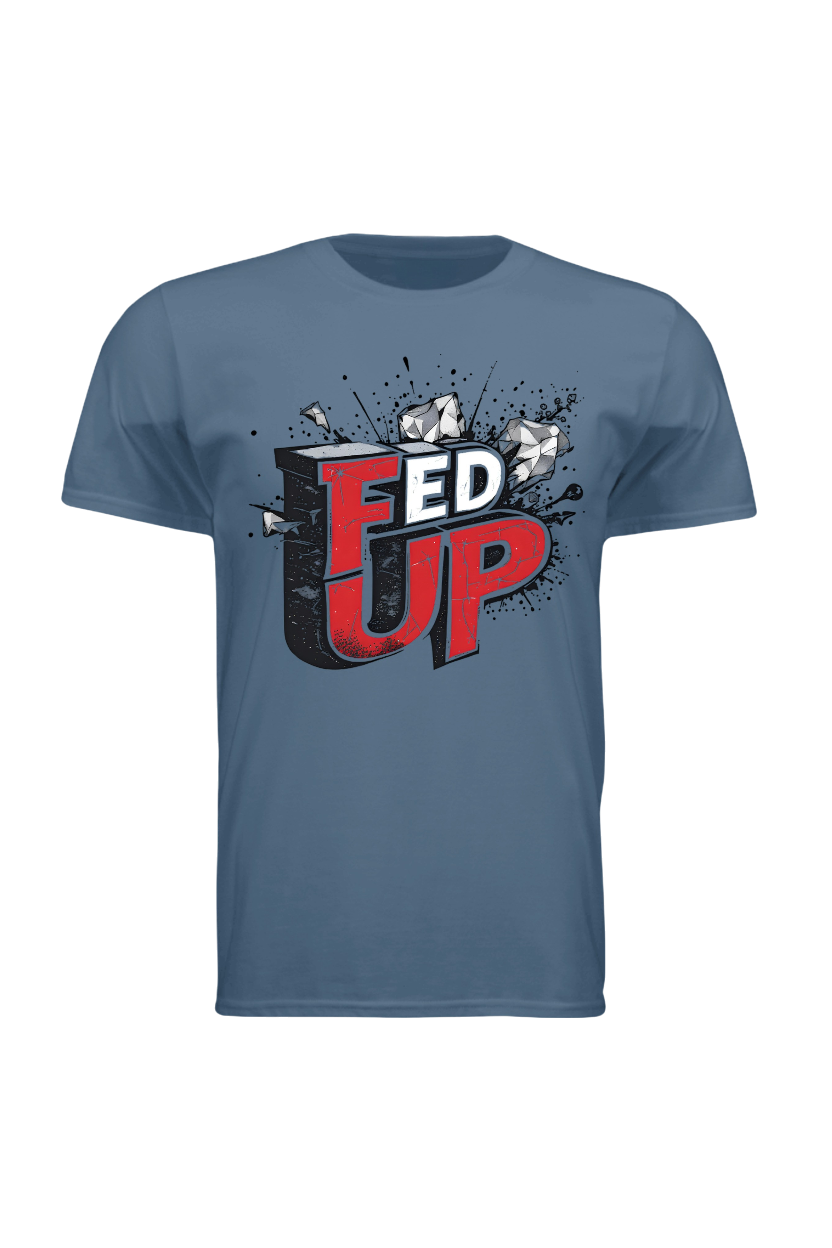 Blue t-shirt with 'FED UP' graphic design on a white background