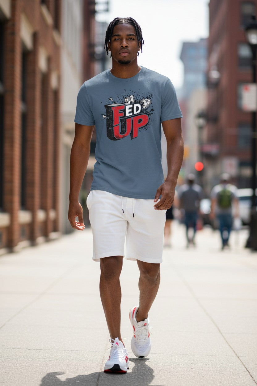 Man walking on a city street wearing a blue t-shirt with 'FED UP' graphic and white shorts.