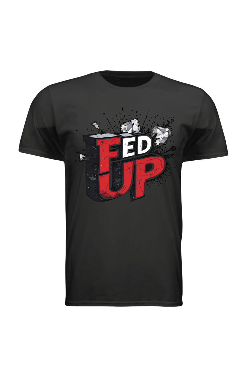 Black t-shirt with 'FED UP' graphic design on a white background