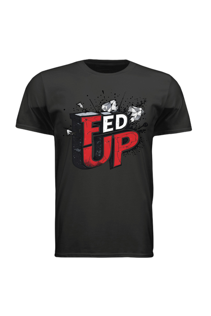 Black t-shirt with 'FED UP' graphic design on a white background