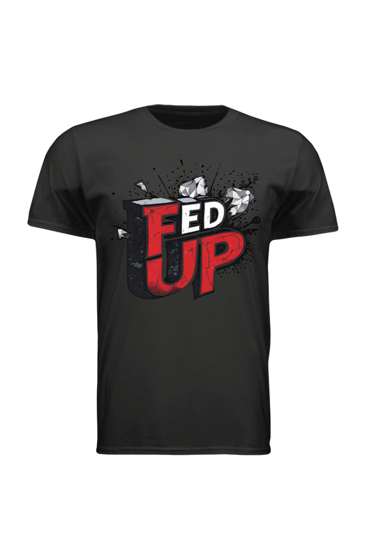Black t-shirt with 'FED UP' graphic design on a white background