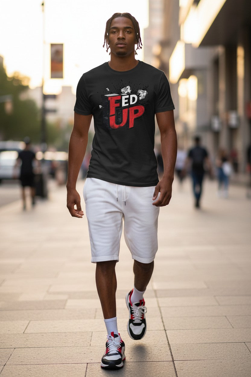 Man wearing a black t-shirt with 'FED UP' text, white shorts, and red sneakers on a city street.