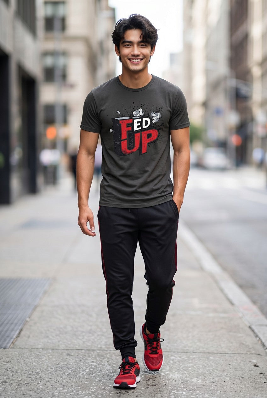 Man wearing a gray t-shirt with 'FED UP' text, black pants, and red shoes on a city street.