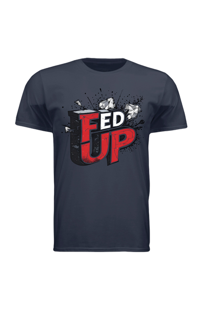 Navy blue t-shirt with 'Fed Up' graphic design on a white background