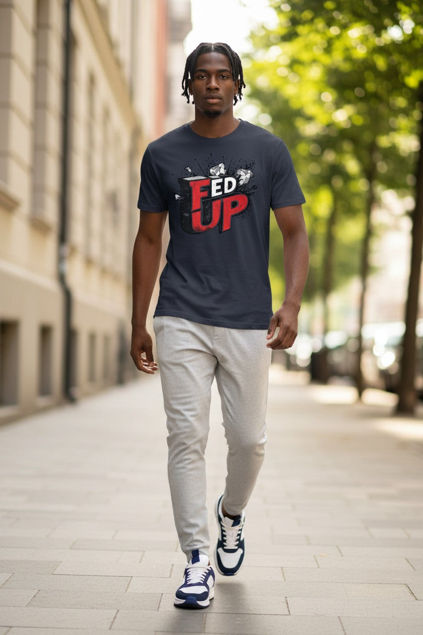 Man walking on a sidewalk wearing a t-shirt with 'FED UP' text.