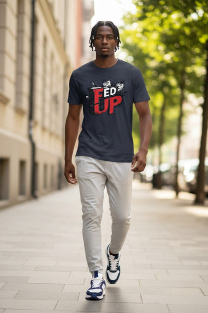 Man walking on a sidewalk wearing a t-shirt with 'FED UP' text.
