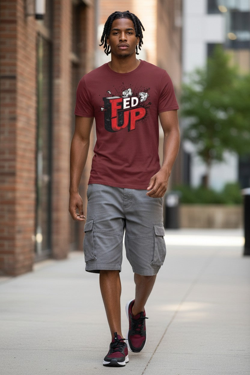 Man wearing a red t-shirt with graphic design and gray cargo shorts walking on a sidewalk.