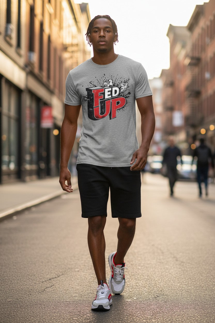 Man walking on a city street wearing a gray t-shirt with 'FED UP' graphic design.