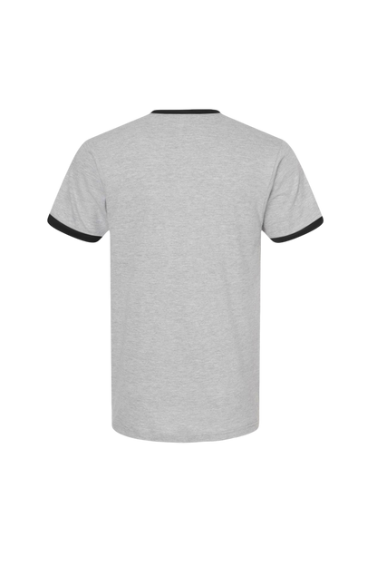 Gray t-shirt with black trim on a white background