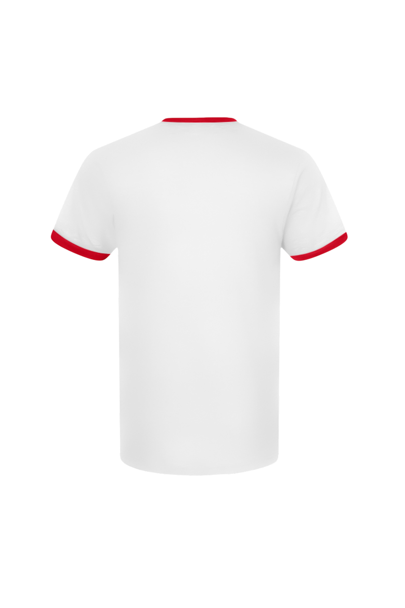 White t-shirt with red trim on a white background