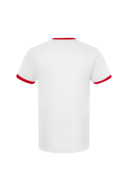 White t-shirt with red trim on a white background