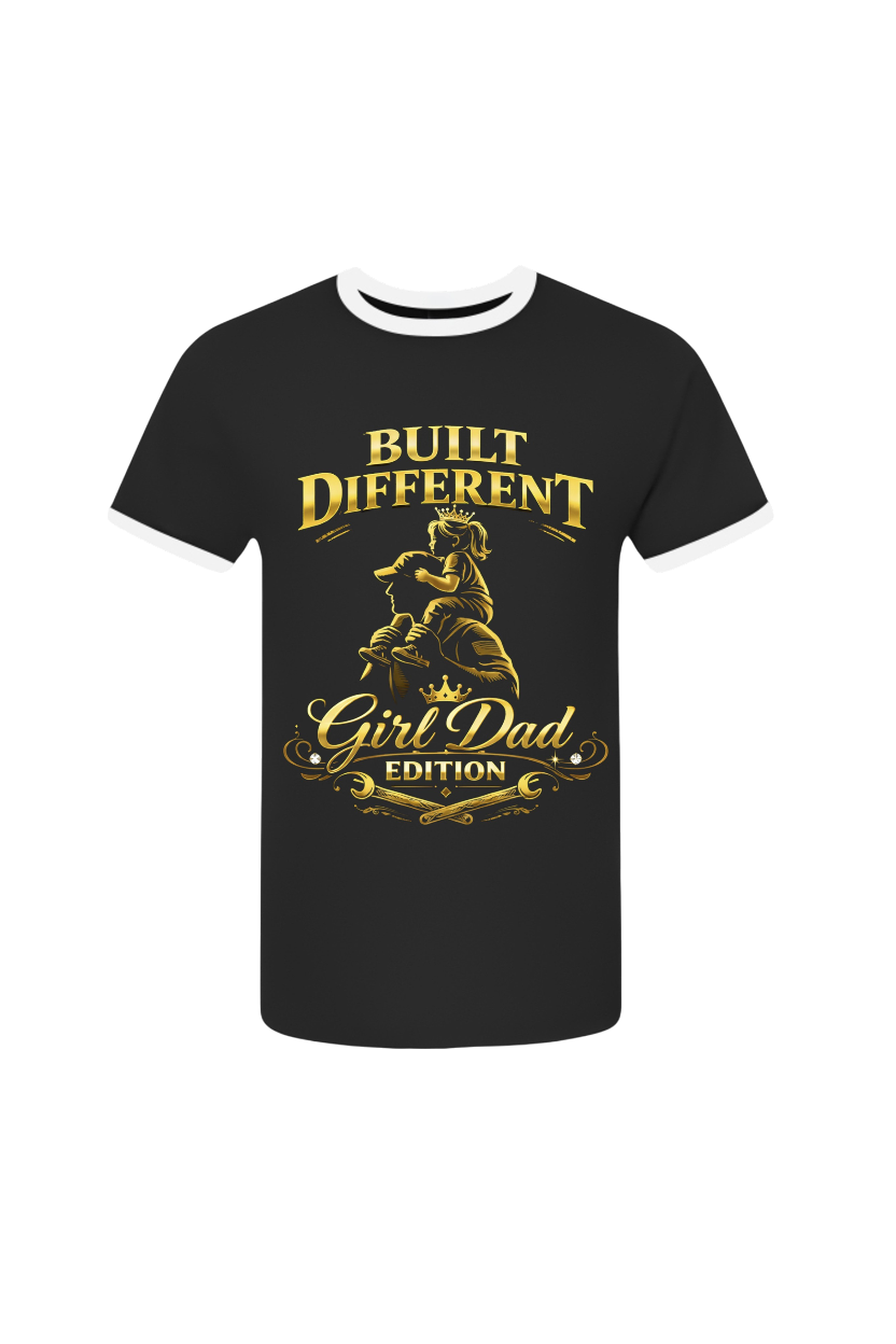 Black t-shirt with gold graphic and text on a white background