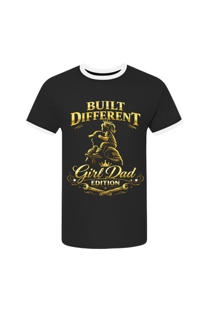 Black t-shirt with gold graphic and text on a white background