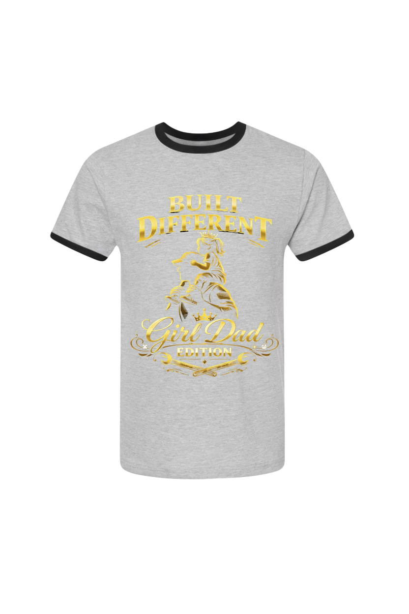 Gray t-shirt with gold text and design on a white background