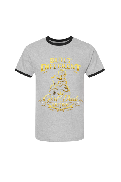 Gray t-shirt with gold text and design on a white background