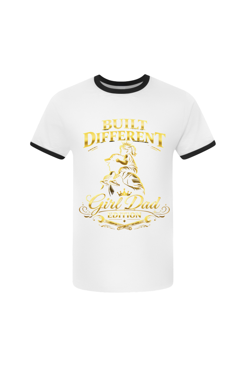 White t-shirt with black trim featuring gold text and graphics on a white background