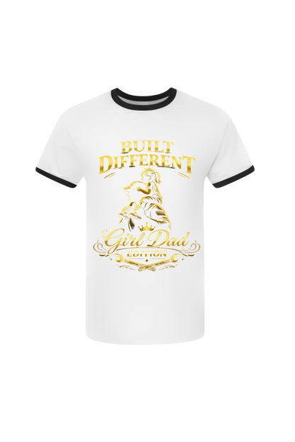 White t-shirt with black trim featuring gold text and graphics on a white background
