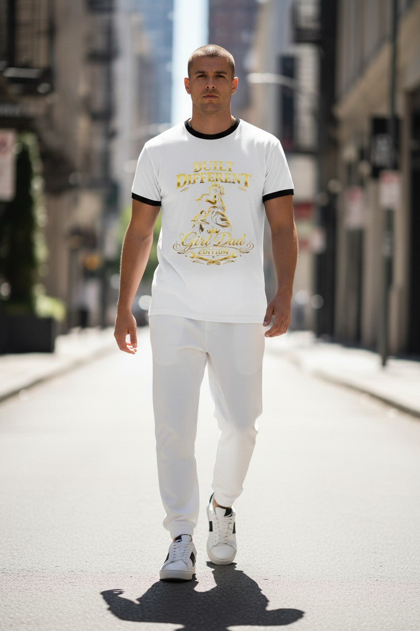 Man wearing a white t-shirt with text and graphics, white pants, and white sneakers on a city street.