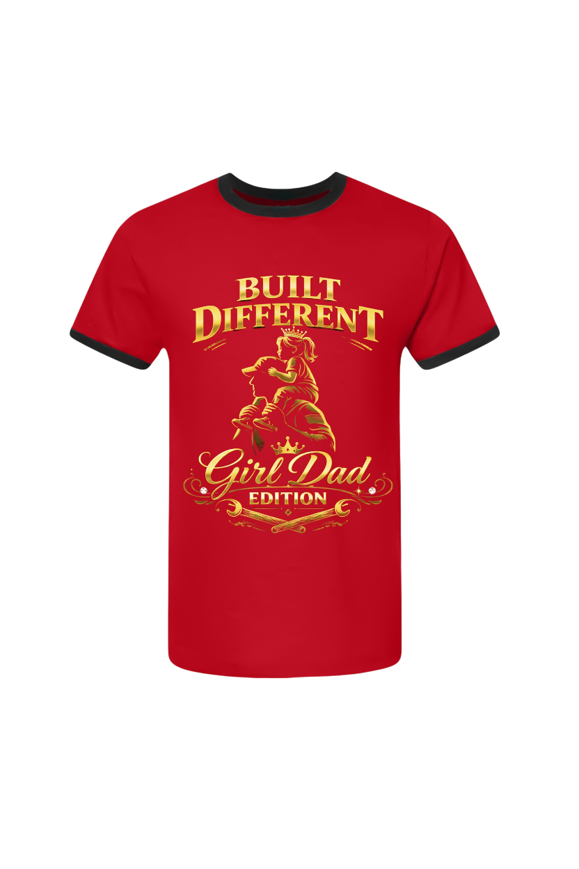Red t-shirt with yellow text and graphic on a white background
