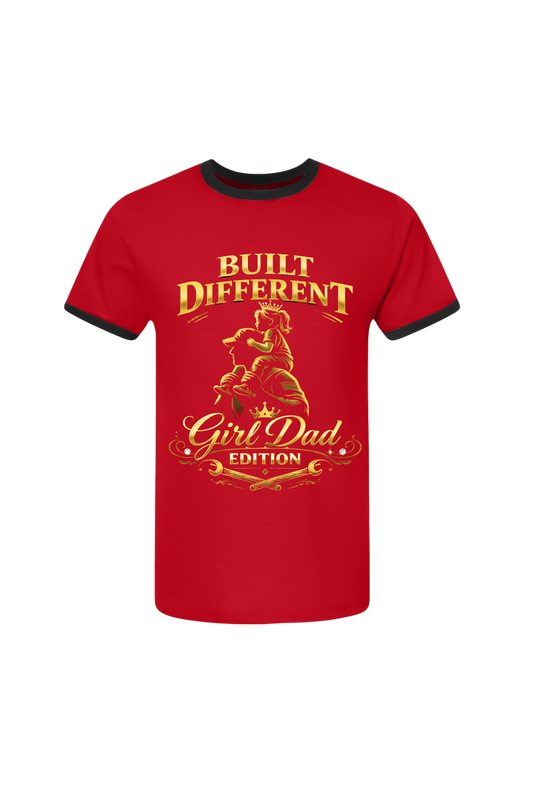 Red t-shirt with yellow text and graphic on a white background