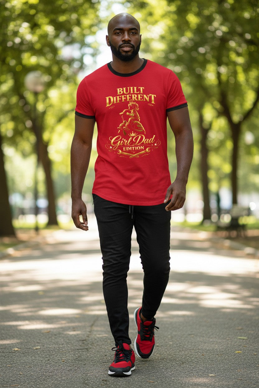 Man wearing a red t-shirt with text and graphics, walking outdoors on a tree-lined path.