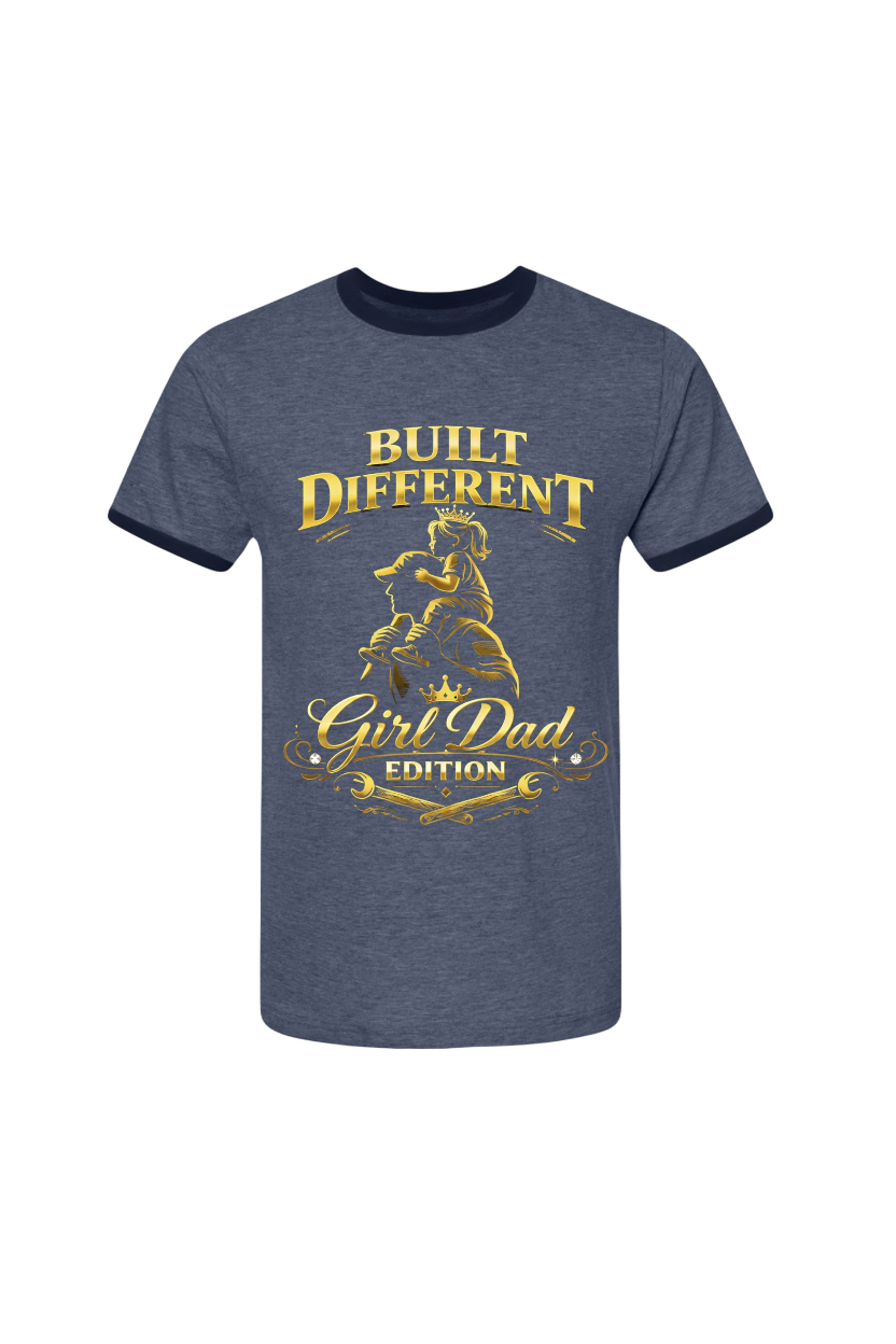Navy blue t-shirt with gold text and graphic on a white background