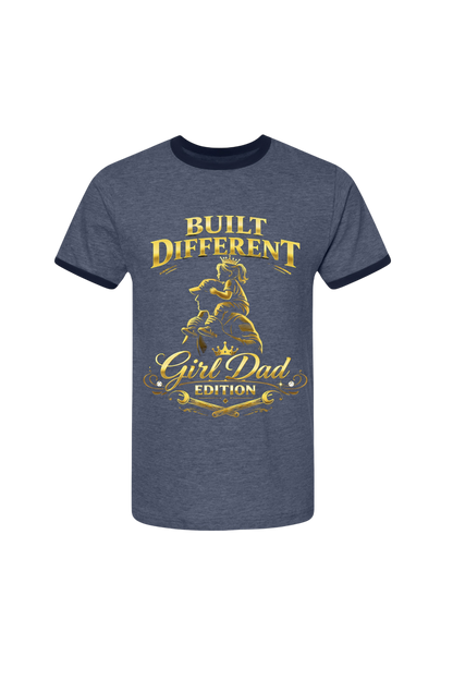 Navy blue t-shirt with gold text and graphic on a white background