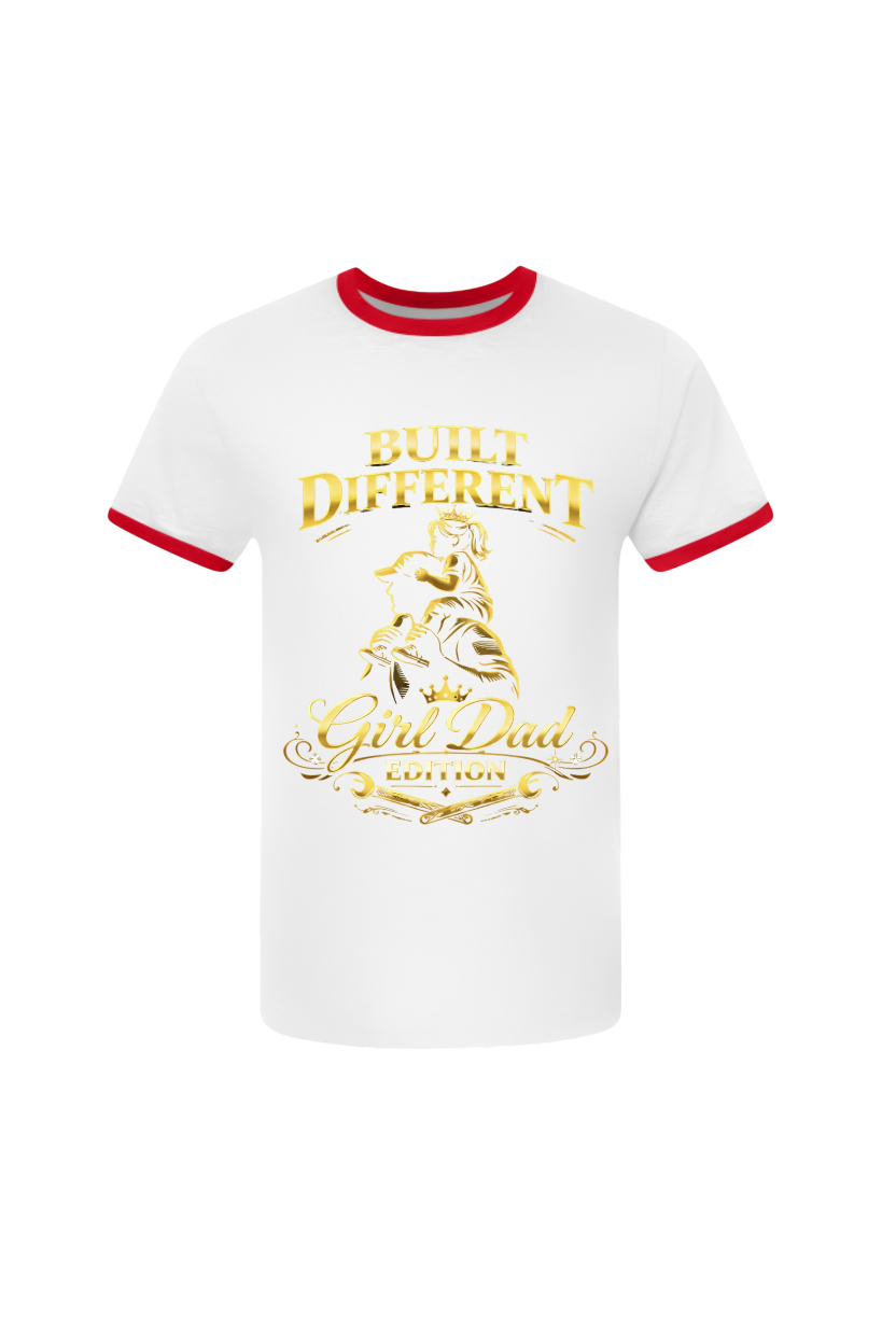 White t-shirt with red trim featuring gold text and graphics on a white background