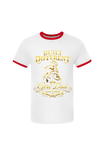 White t-shirt with red trim featuring gold text and graphics on a white background