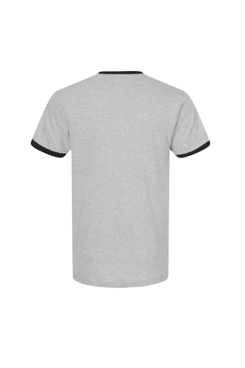 Gray t-shirt with black trim on a white background