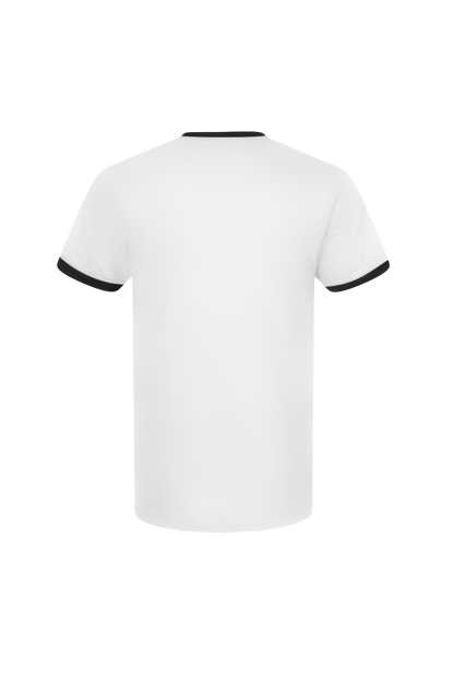 White t-shirt with black trim on a white background