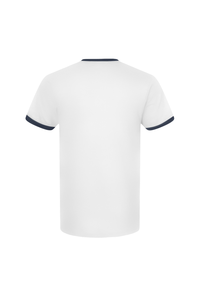 White t-shirt with navy trim on a white background
