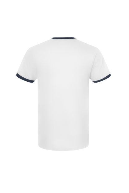 White t-shirt with navy trim on a white background