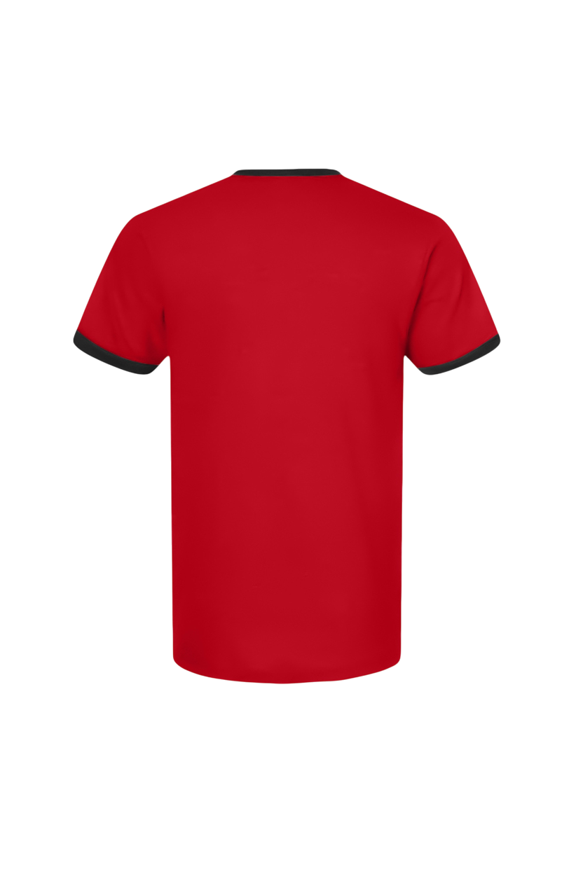 Red t-shirt with black trim on a white background