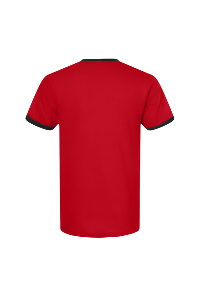 Red t-shirt with black trim on a white background