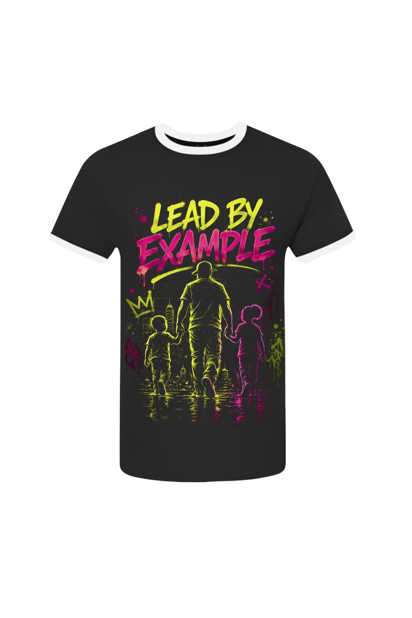 Black t-shirt with 'Lead by Example' graphic design on a white background